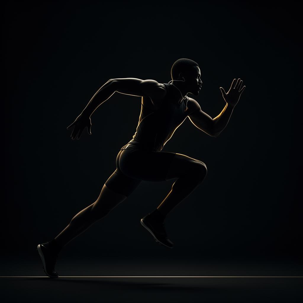 Elite sprinter silhouette in mid-stride showing biomechanical checkpoints